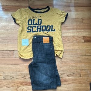 Gymboree denim shorts size 8 with tags.  Shirt size 7-8, worn; great condition.